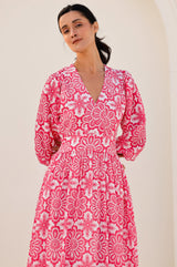 Annie Maxi Organic Cotton Dress | Lace Floral White/Pink