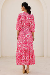 Annie Maxi Organic Cotton Dress | Lace Floral White/Pink