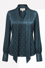 Tie Neck Satin Spot Jacquard Blouse | Navy