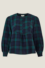 Checked Double Cloth Organic Cotton Blouse | Navy/Green