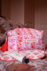 Medium Block Print Wash Bag | Linear Botanical Orange/Pink