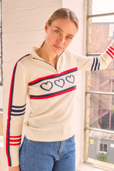 Merino Wool Stripe Hearts Quarter Zip | Cream/Red/Navy