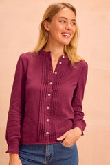 Holly Pin Tuck Organic Cotton Cheesecloth Long Sleeve Blouse | Berry