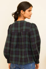 Checked Double Cloth Organic Cotton Blouse | Navy/Green