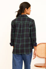 Mel Checked Double Cloth Organic Cotton Shirt | Navy/Green