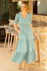 Billie Short Sleeve Organic Cotton Dress | Flower Stamp Sage/White