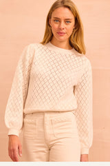 Pointelle Puff Shoulder Crew Neck Jumper | Ivory