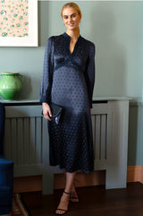 Satin Jacquard Spot Dress | Navy