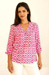 Clea Viscose Crinkle Blouse | Ikat White/Pink