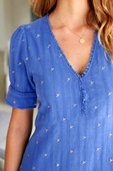 Poppy Embroidered Dress | Marina Blue/Gold