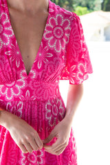 Close up of a floral pink dress displaying the deep v neck