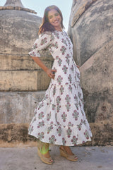 Cordelia Organic Cotton Block Print Dress | Antique Wildflower Cream/Red/Green