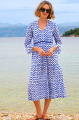 Hayden Organic Cotton Dress | Ikat White/Blue