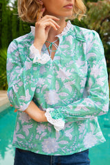 Rosie Organic Cotton Block Print Blouse | Lotus Green/Blue