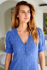 Poppy Embroidered Dress | Marina Blue/Gold
