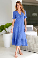 Poppy Embroidered Dress | Marina Blue/Gold