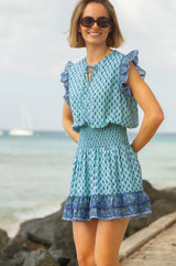 Macy Organic Cotton Block Print Dress | Buti Turquoise/Blue