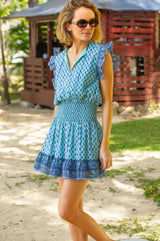 Macy Organic Cotton Block Print Dress | Buti Turquoise/Blue