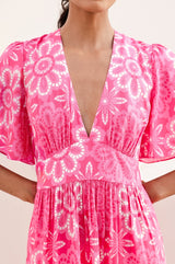 Close up of model wearing a pink floral dress with short floaty sleeves and v neckline