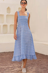 Rhianna Organic Cotton Dress | Flower Stamp Cornflower/White