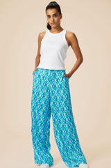 Alvia Satin Trouser | Tropical Geo Navy/Turquoise