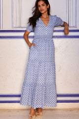 Billie Short Sleeve Organic Cotton Dress | Flower Stamp Cornflower/White