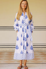 Cara Block Print Dress | Wild Flower Buta Blue
