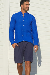 Men's Nehru Collar Linen Shirt | Cobalt Blue