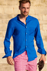 Men's Nehru Collar Linen Shirt | Cobalt Blue