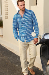 Men's Printed Linen Shirt | Trident Marina Blue/White
