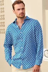 Men's Printed Linen Shirt | Trident Marina Blue/White
