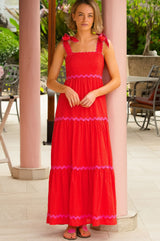 Tabitha Organic Cotton Dobby Ric Rac Dress | Red/Pink