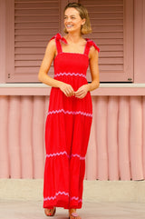 Tabitha Organic Cotton Dobby Ric Rac Dress | Red/Pink