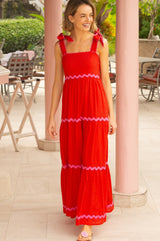 Tabitha Organic Cotton Dobby Ric Rac Dress | Red/Pink