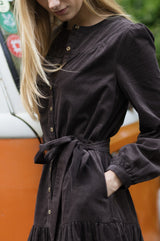 Dropped Waist Baby Cord Midi Dress | Chocolate