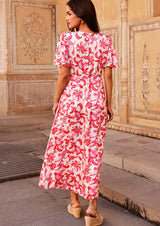 Anais Hammered Satin Dress | Paisley Floral Cream/Red/Pink