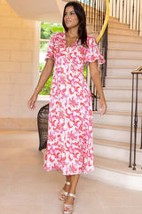 Anais Hammered Satin Dress | Paisley Floral Cream/Red/Pink