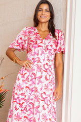 Anais Hammered Satin Dress | Paisley Floral Cream/Red/Pink