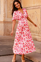 Anais Hammered Satin Dress | Paisley Floral Cream/Red/Pink