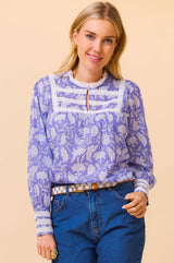 Margot Organic Cotton Block Print Blouse | Iris Blue/White