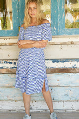 Raela Bardot Dress | White/Blue