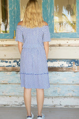 Raela Bardot Dress | White/Blue