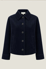 Product photo of the Aspiga Corduroy Collared Jacket in Deep Navy, flat lay showing collar, buttons and pockets
