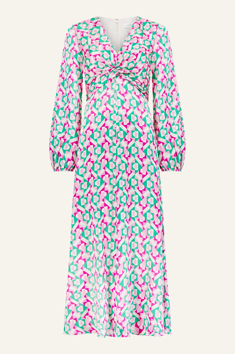 Katriona Satin Dress | Tropical Geo Green/Pink
