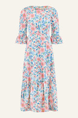 Victoria Round Neck Printed Cotton Sateen Dress | Pink/Blue