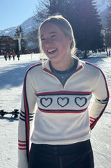 Merino Wool Stripe Hearts Quarter Zip | Cream/Red/Navy