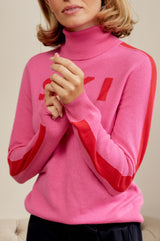 Merino Wool Ski Star Motif Slim Polo Neck Jumper | Pink/Red