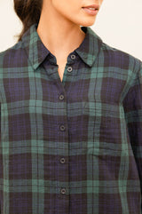 Mel Checked Double Cloth Organic Cotton Shirt | Navy/Green