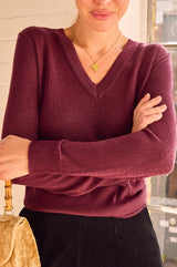 Metallic Knit V-Neck Jumper | Burgundy