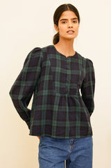 Checked Double Cloth Organic Cotton Blouse | Navy/Green